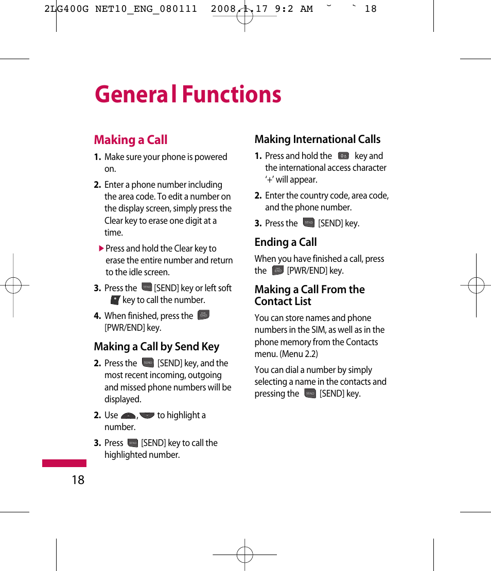 Genera l functions, 18 making a call | LG LG400G User Manual | Page 21 / 171