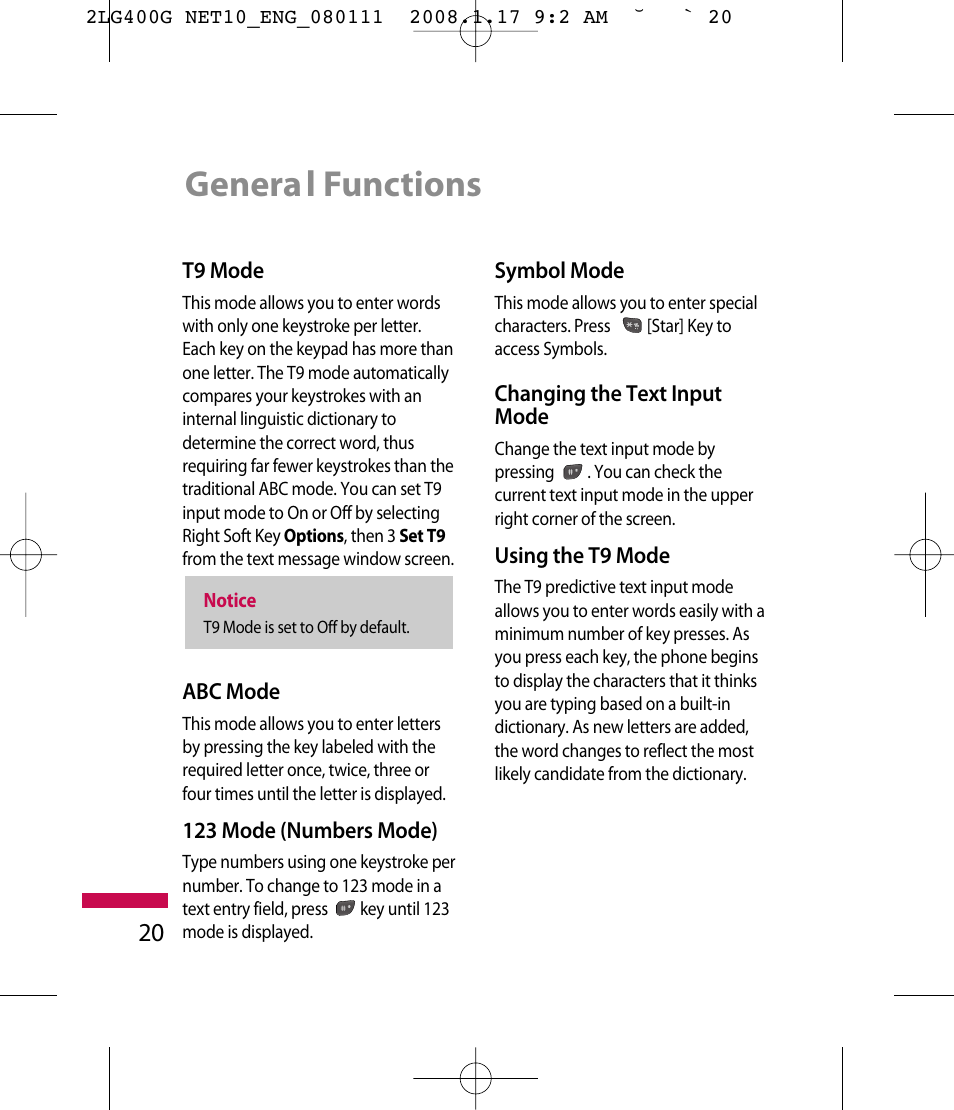 Genera l functions | LG LG400G User Manual | Page 23 / 171