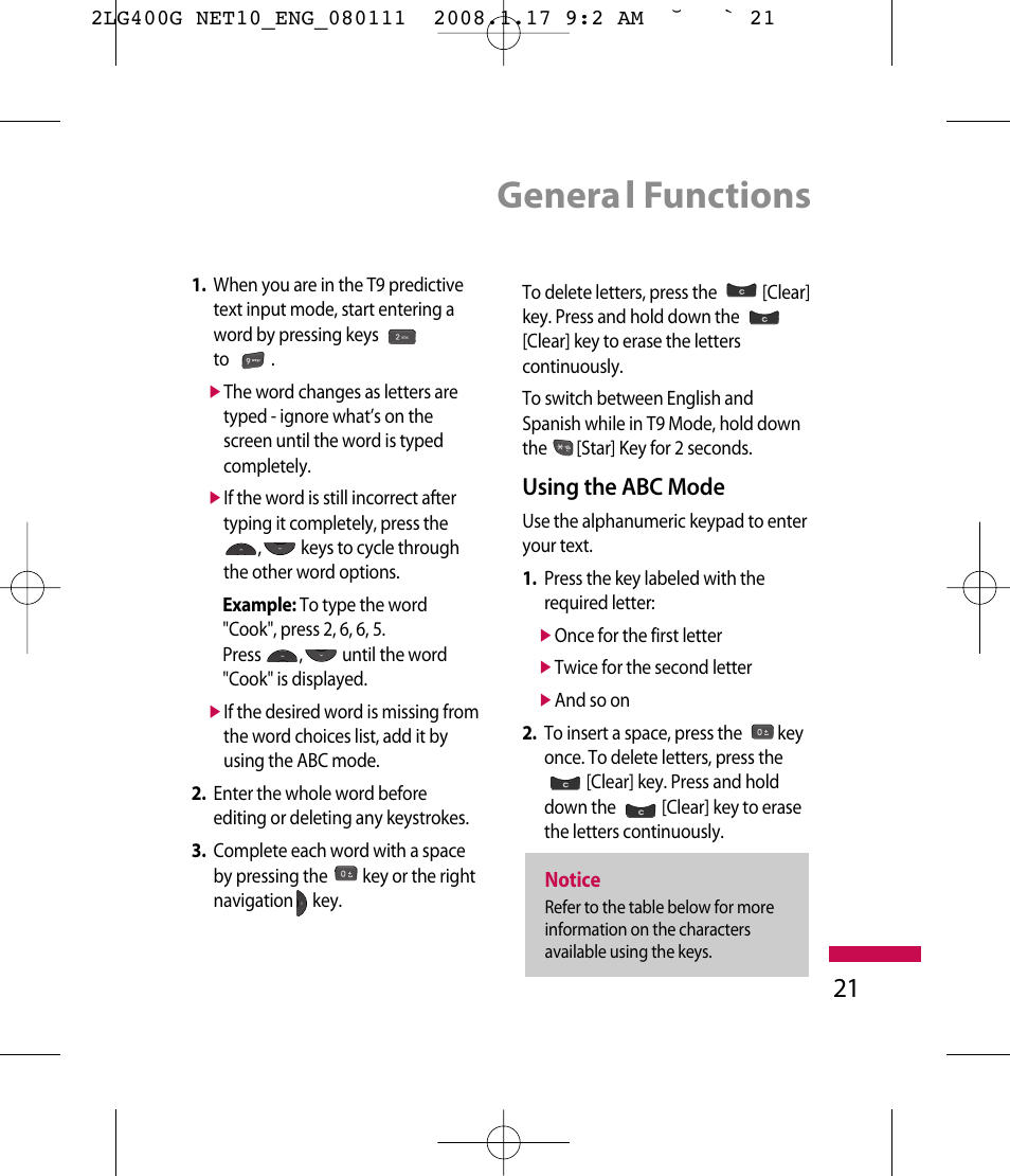 Genera l functions, Using the abc mode | LG LG400G User Manual | Page 24 / 171