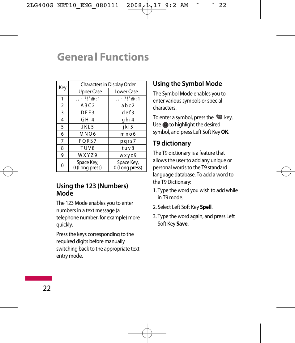 Genera l functions, Using the 123 (numbers) mode, Using the symbol mode | T9 dictionary | LG LG400G User Manual | Page 25 / 171