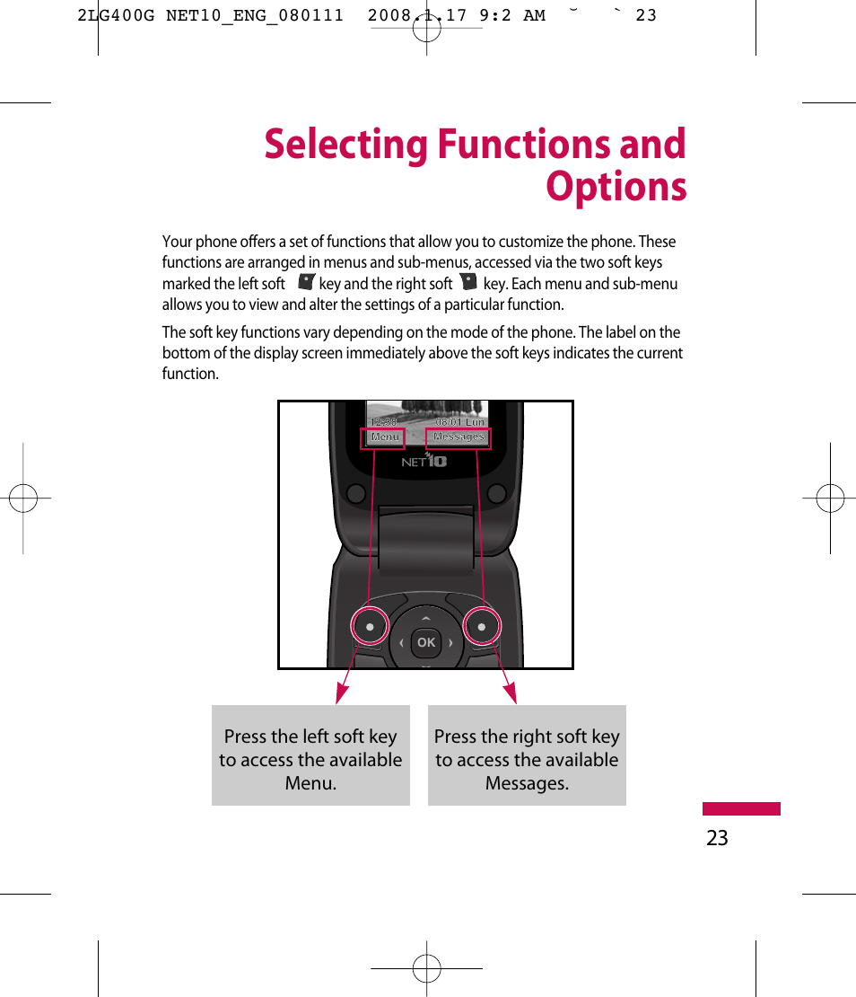 Selecting functions and options | LG LG400G User Manual | Page 26 / 171