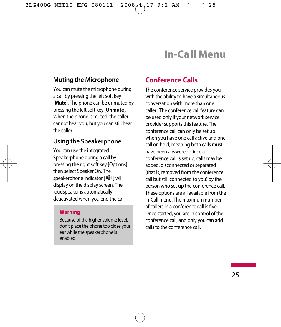 In-ca ll menu | LG LG400G User Manual | Page 28 / 171