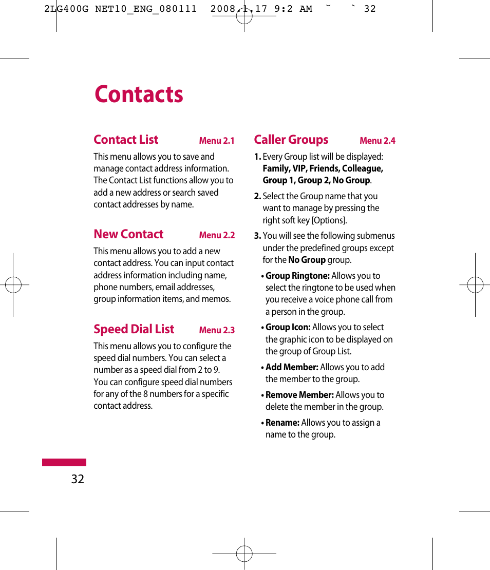 Contacts, 32 contact list, New contact | Speed dial list, Caller groups | LG LG400G User Manual | Page 35 / 171