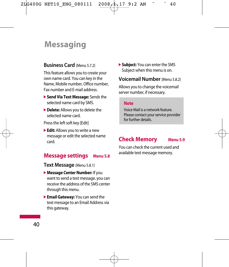 Messaging, Message settings | LG LG400G User Manual | Page 43 / 171