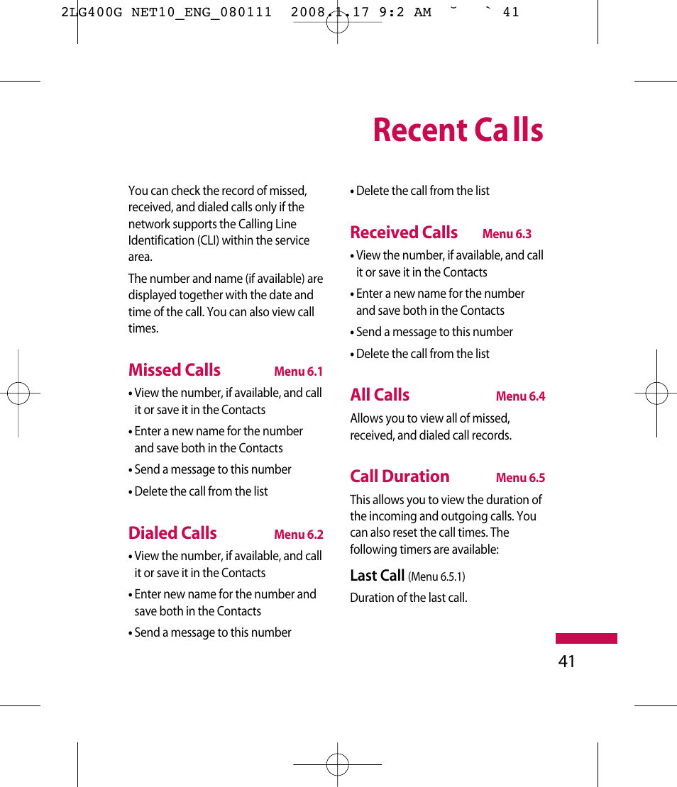 Recent ca lls, Missed calls, Dialed calls | Received calls, All calls, Call duration | LG LG400G User Manual | Page 44 / 171