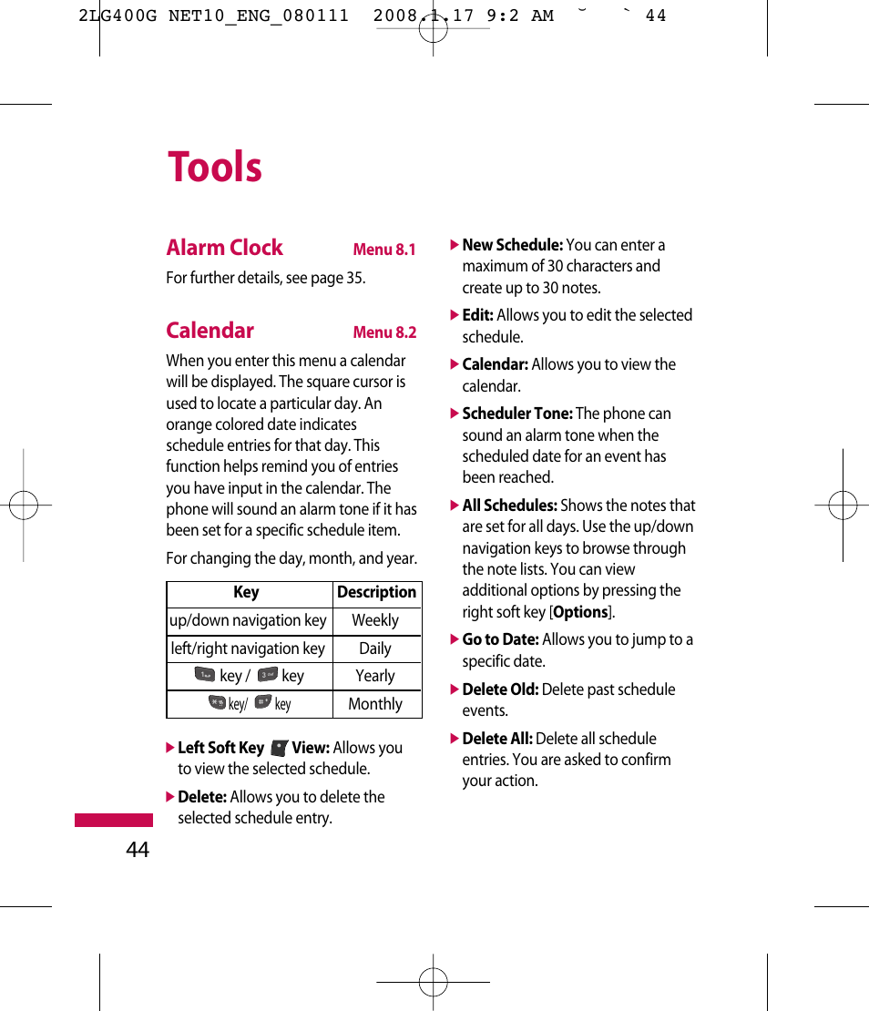 Tools, Alarm clock, Calendar | LG LG400G User Manual | Page 47 / 171