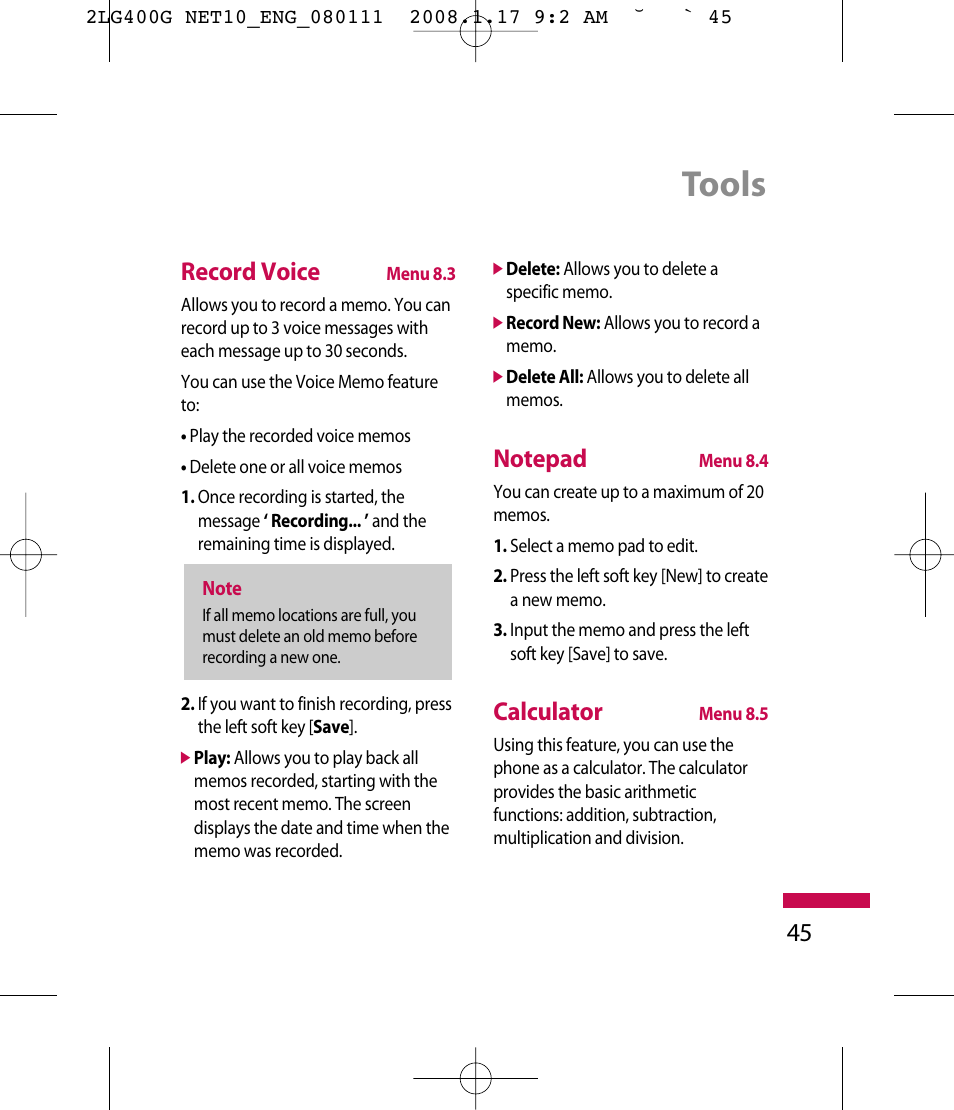 Tools, 45 record voice, Calculator | LG LG400G User Manual | Page 48 / 171