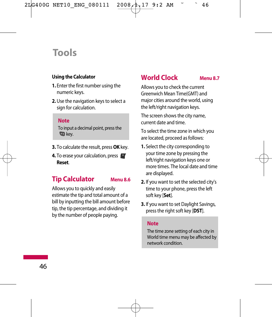 Tools, Tip calculator, World clock | LG LG400G User Manual | Page 49 / 171