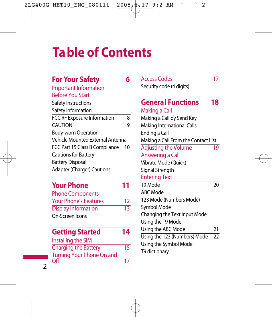 Ta ble of contents, For your safety 6, Your phone 11 | Getting started 14, General functions 18 | LG LG400G User Manual | Page 5 / 171