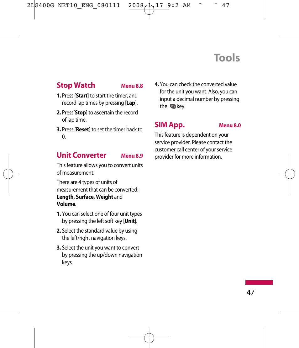 Tools, 47 stop watch, Unit converter | Sim app | LG LG400G User Manual | Page 50 / 171