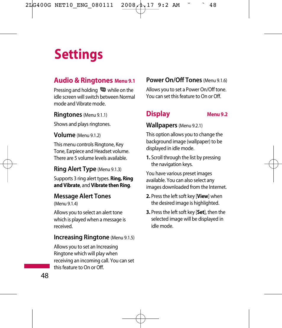 Settings, 48 audio & ringtones, Display | LG LG400G User Manual | Page 51 / 171