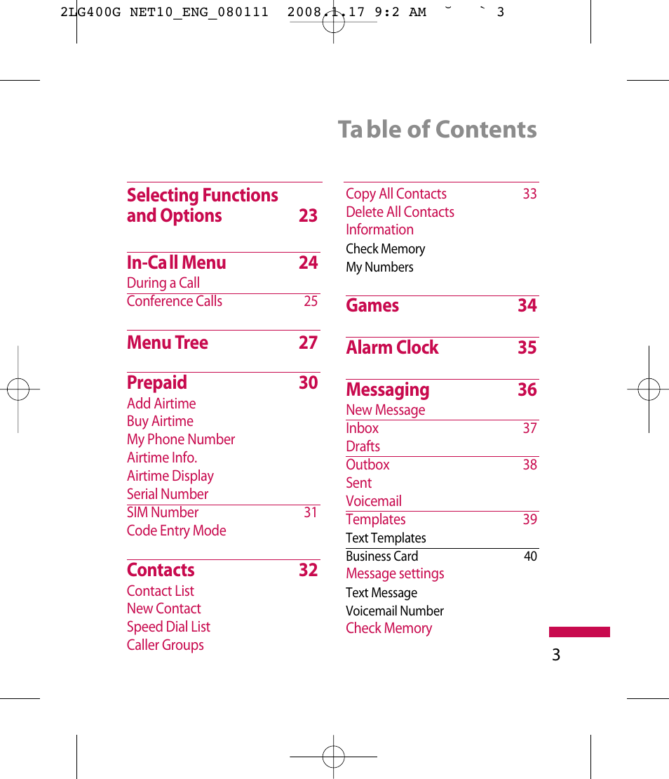 Ta ble of contents, Selecting functions and options 23 in-call menu 24, Menu tree 27 prepaid 30 | Contacts 32 | LG LG400G User Manual | Page 6 / 171