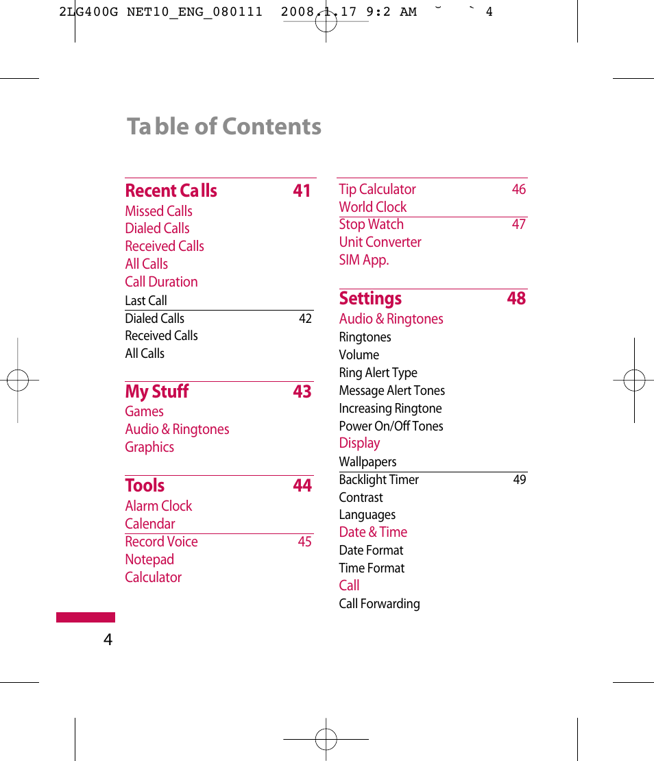 Ta ble of contents, Recent calls 41, My stuff 43 | Tools 44, Settings 48 | LG LG400G User Manual | Page 7 / 171