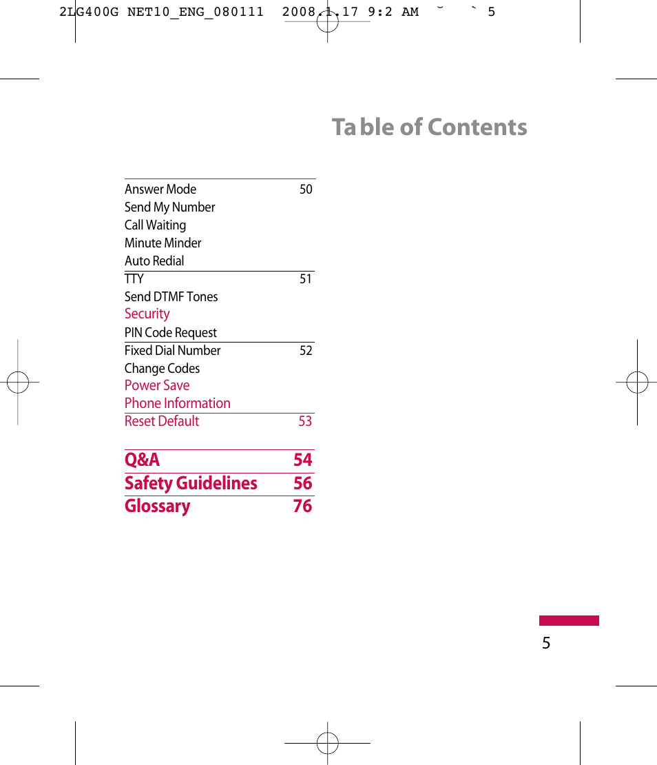 Ta ble of contents | LG LG400G User Manual | Page 8 / 171