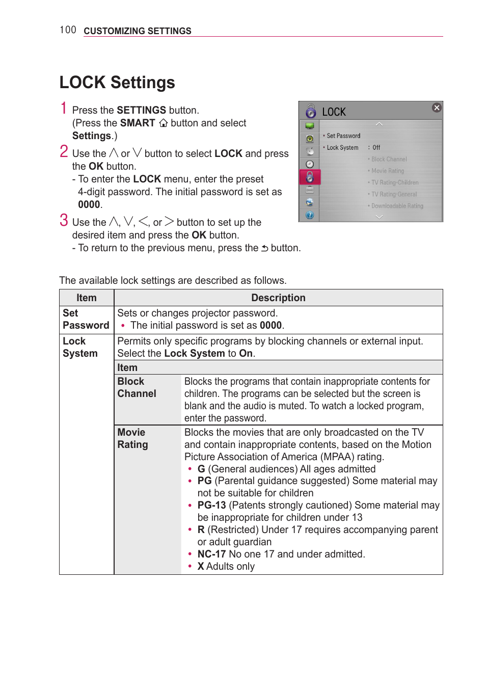 Lock settings | LG PA77U User Manual | Page 100 / 126