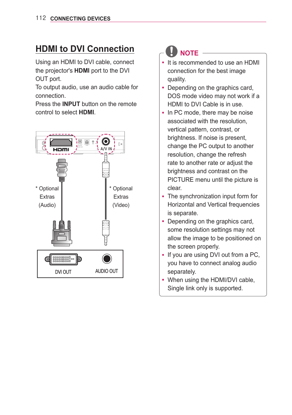 Hdmi to dvi connection | LG PA77U User Manual | Page 112 / 126