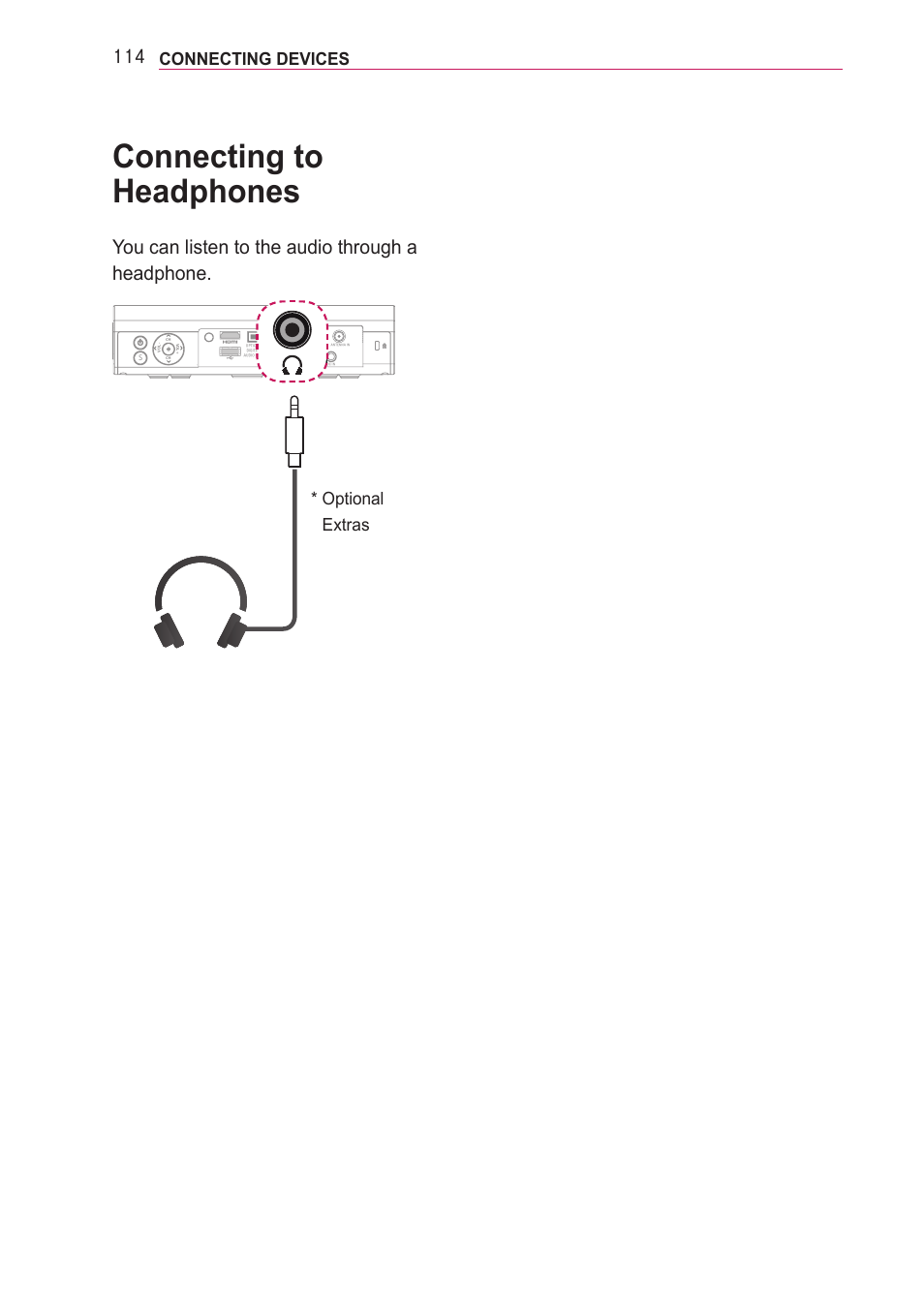 Connecting to headphones, Vo l - v o l + ch ch, You can listen to the audio through a headphone | LG PA77U User Manual | Page 114 / 126