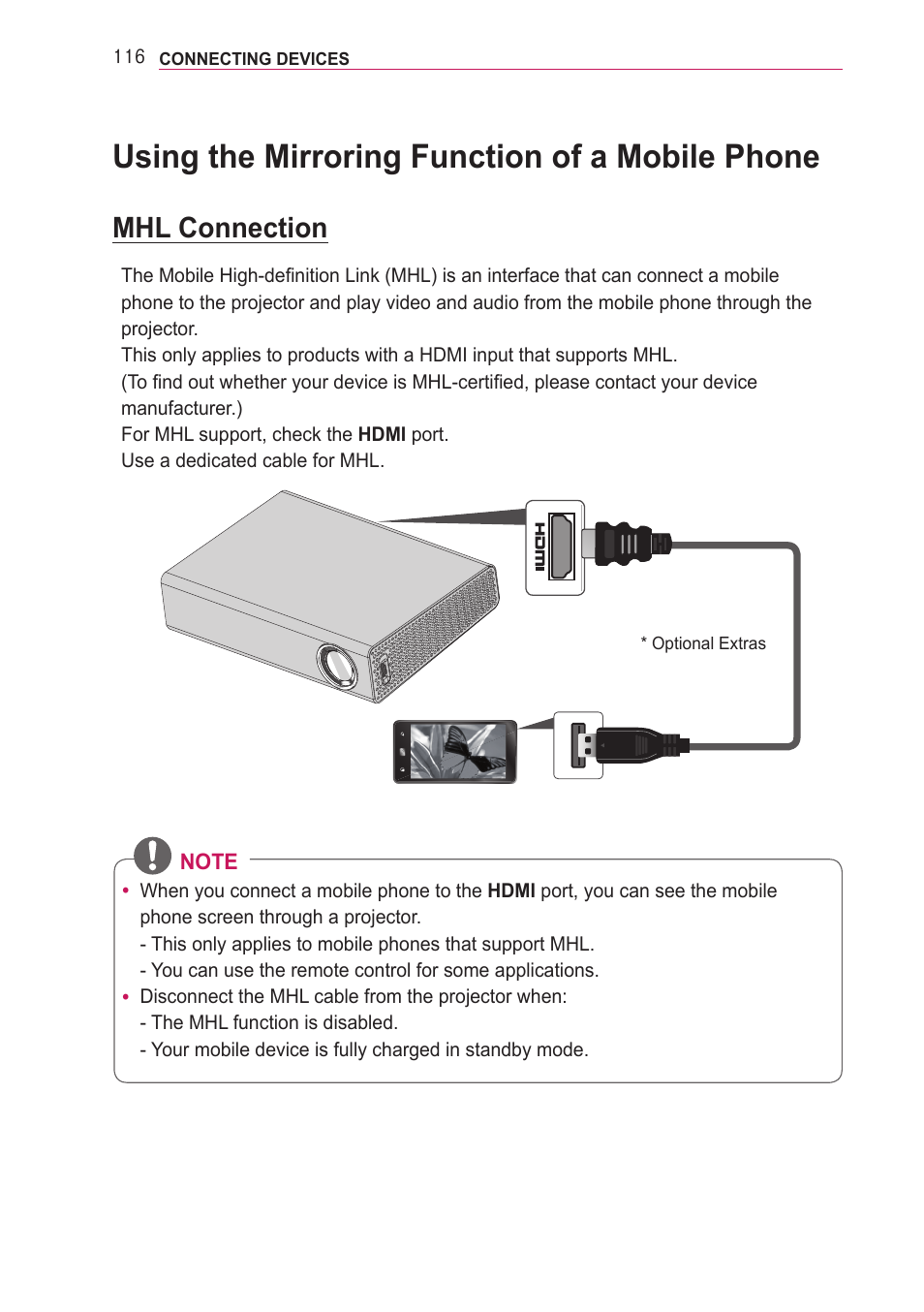 Using the mirroring function of a mobile phone, Mhl connection, Using the mirroring function of a mobile | Phone | LG PA77U User Manual | Page 116 / 126