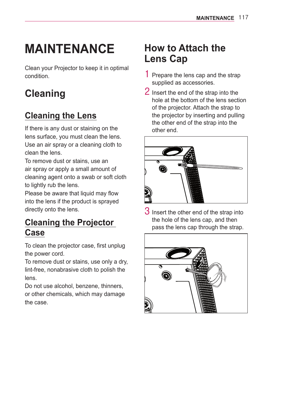 Maintenance, Cleaning, Cleaning the lens | Cleaning the projector case, How to attach the lens cap | LG PA77U User Manual | Page 117 / 126