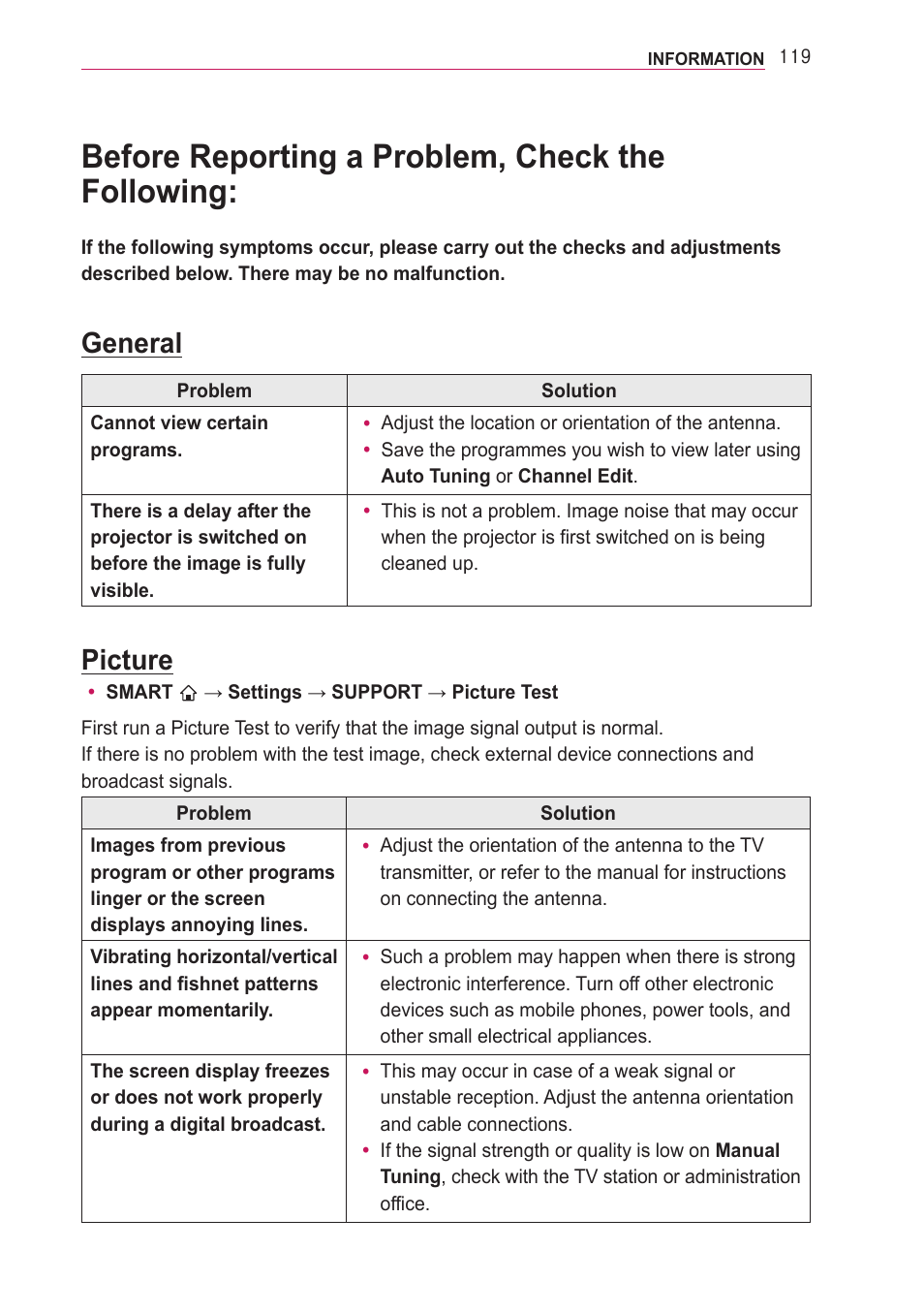 Before reporting a problem, check the following, General, Picture | Before reporting a problem, check the, Following | LG PA77U User Manual | Page 119 / 126