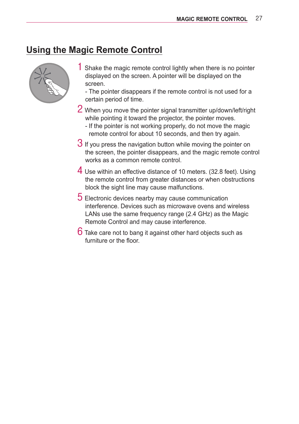 Using the magic remote control | LG PA77U User Manual | Page 27 / 126