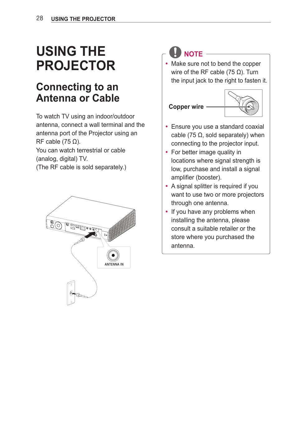 Using the projector, Connecting to an antenna or cable | LG PA77U User Manual | Page 28 / 126