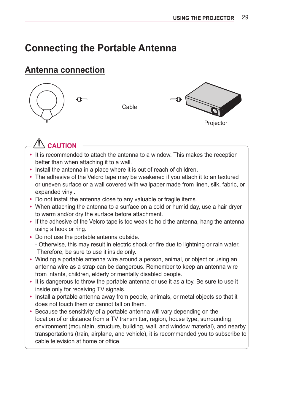 Connecting the portable antenna, Antenna connection | LG PA77U User Manual | Page 29 / 126