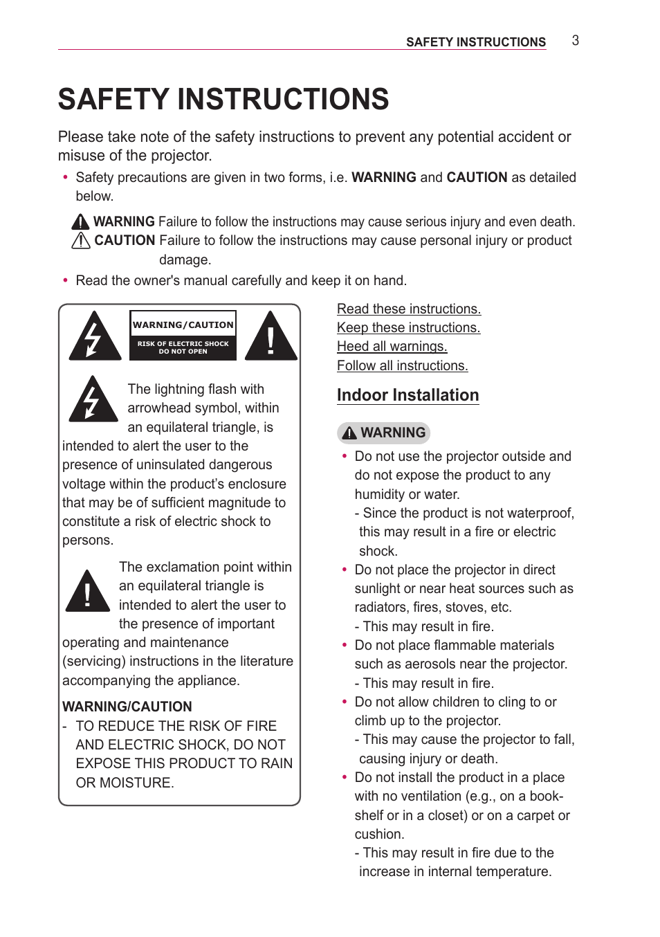 Safety instructions, Indoor installation | LG PA77U User Manual | Page 3 / 126