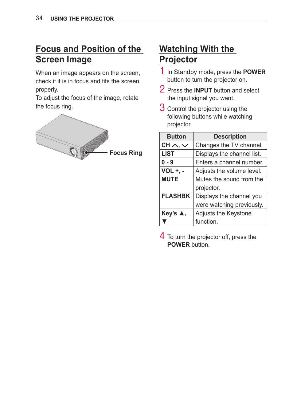Focus and position of the screen image, Watching with the projector | LG PA77U User Manual | Page 34 / 126