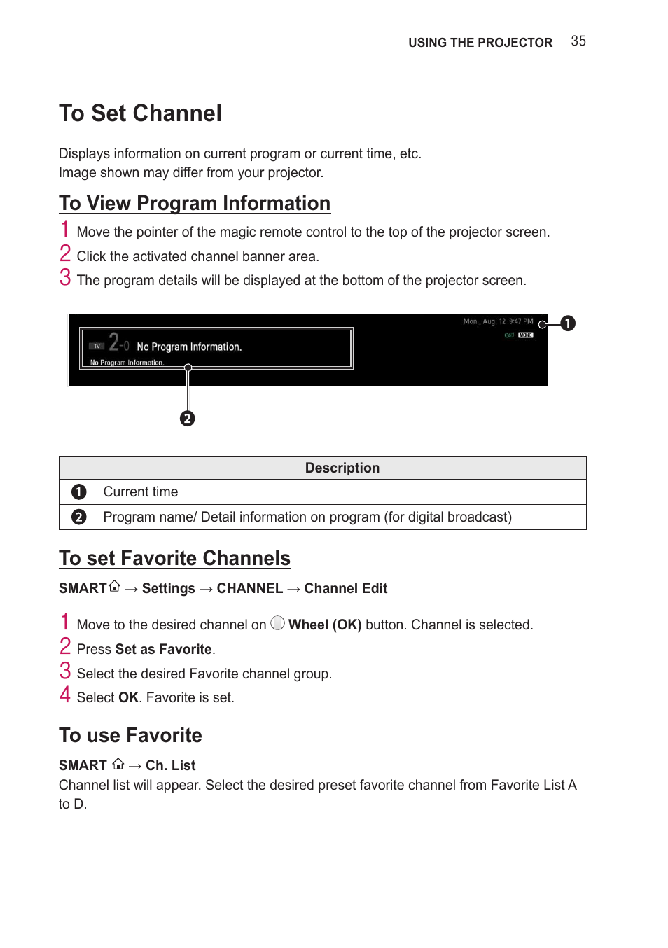 To set channel, To view program information, To set favorite channels | To use favorite | LG PA77U User Manual | Page 35 / 126