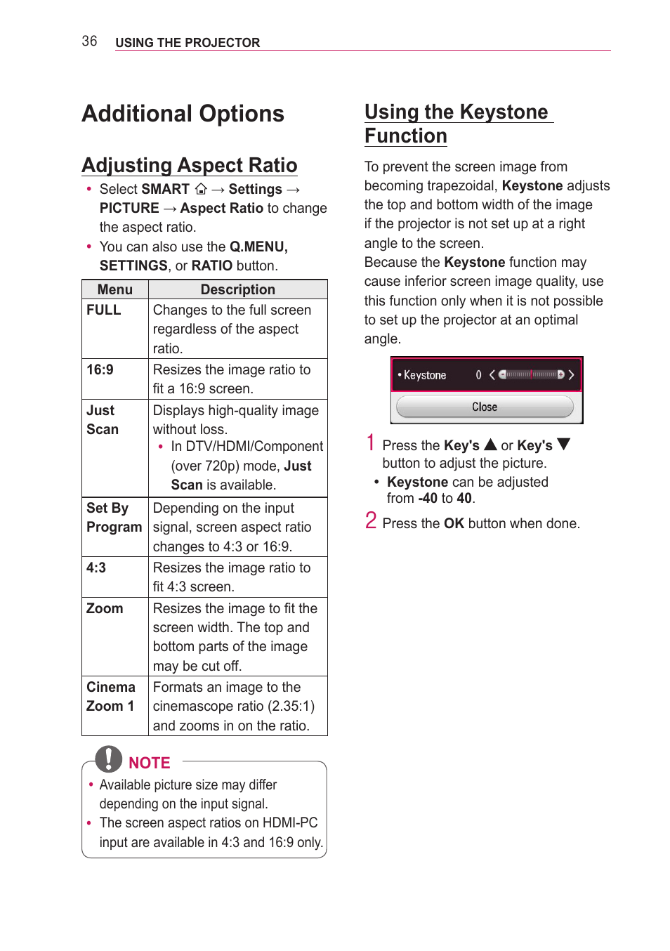 Additional options, Adjusting aspect ratio, Using the keystone function | LG PA77U User Manual | Page 36 / 126