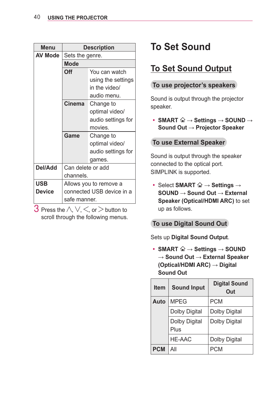 To set sound, To set sound output | LG PA77U User Manual | Page 40 / 126