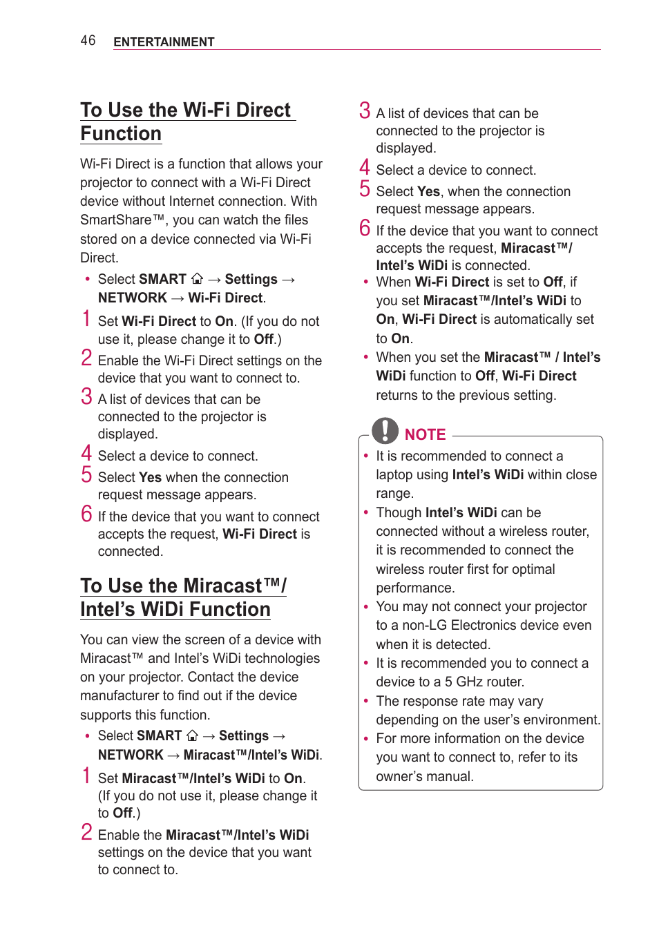 To use the wi-fi direct function, To use the miracast™/intel’s widi function, To use the miracast™/intel’s widi | Function | LG PA77U User Manual | Page 46 / 126