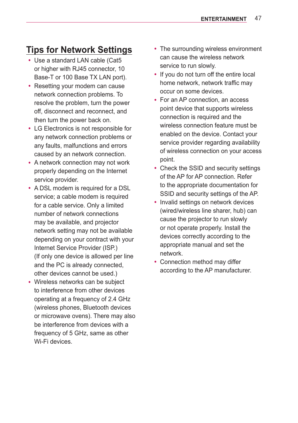 Tips for network settings | LG PA77U User Manual | Page 47 / 126