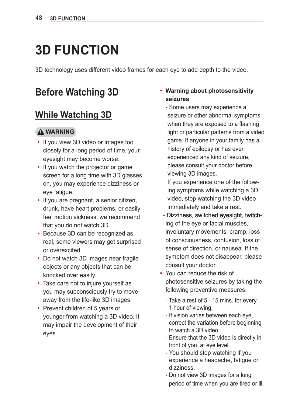 3d function, Before watching 3d, While watching 3d | LG PA77U User Manual | Page 48 / 126