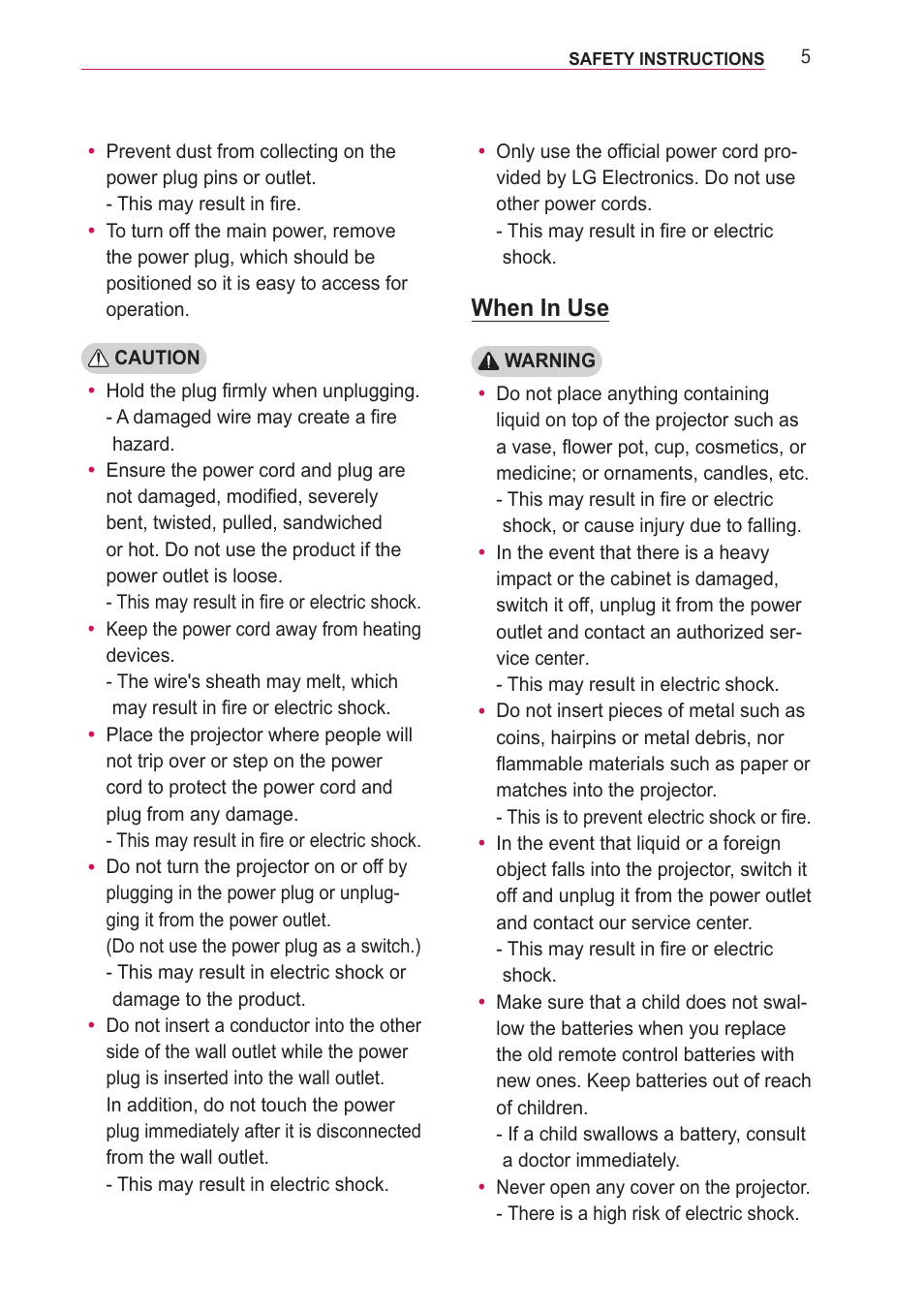 When in use | LG PA77U User Manual | Page 5 / 126