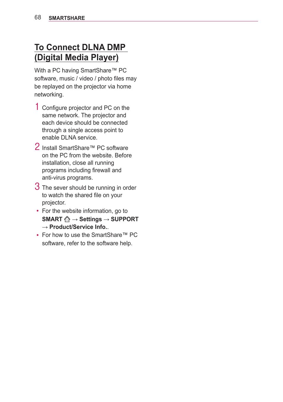 To connect dlna dmp (digital media player), To connect dlna dmp (digital media, Player) | LG PA77U User Manual | Page 68 / 126