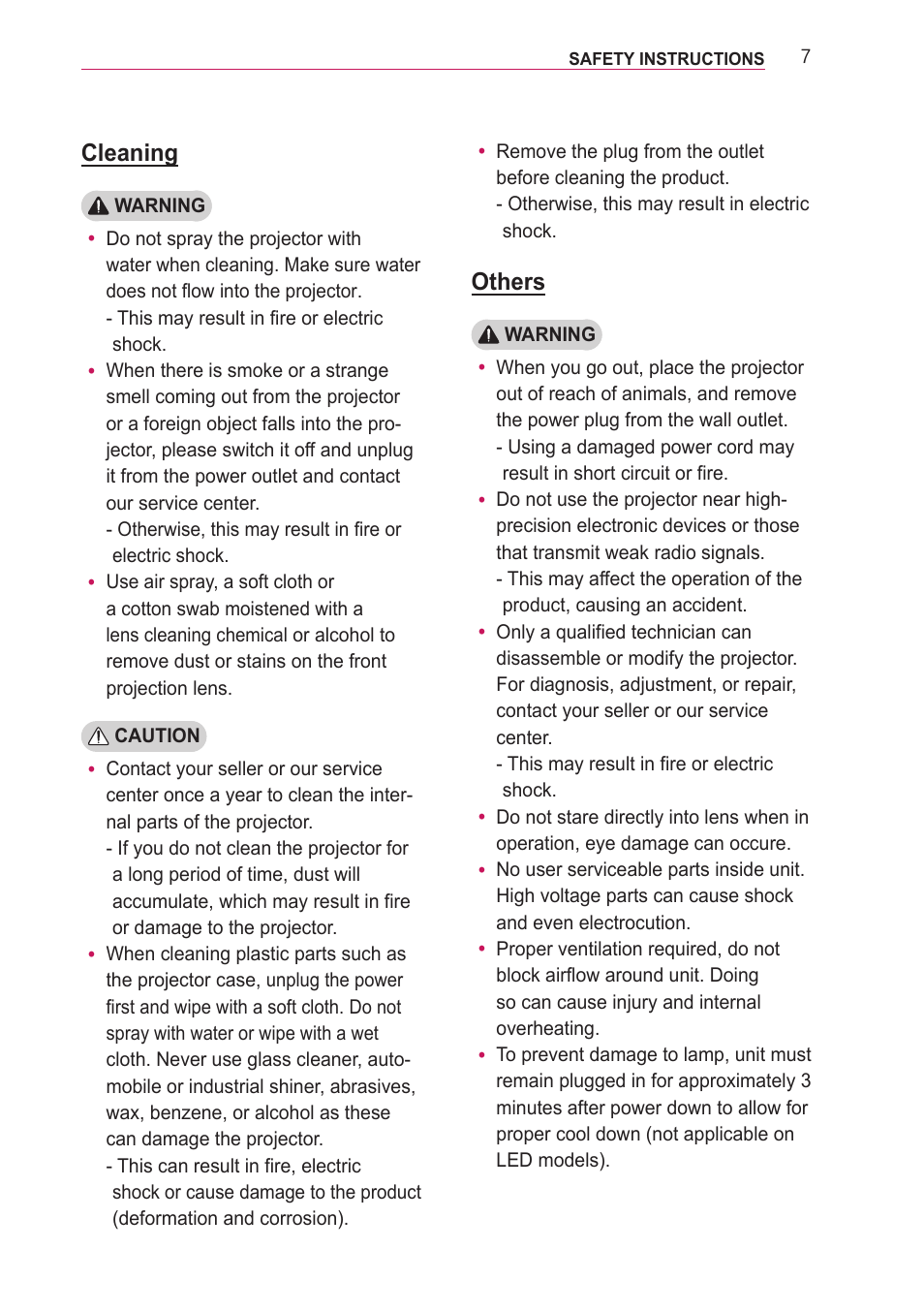Cleaning, Others | LG PA77U User Manual | Page 7 / 126