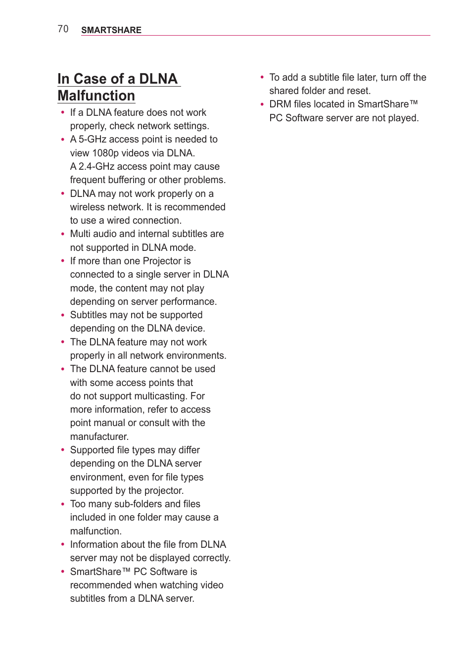 In case of a dlna malfunction | LG PA77U User Manual | Page 70 / 126