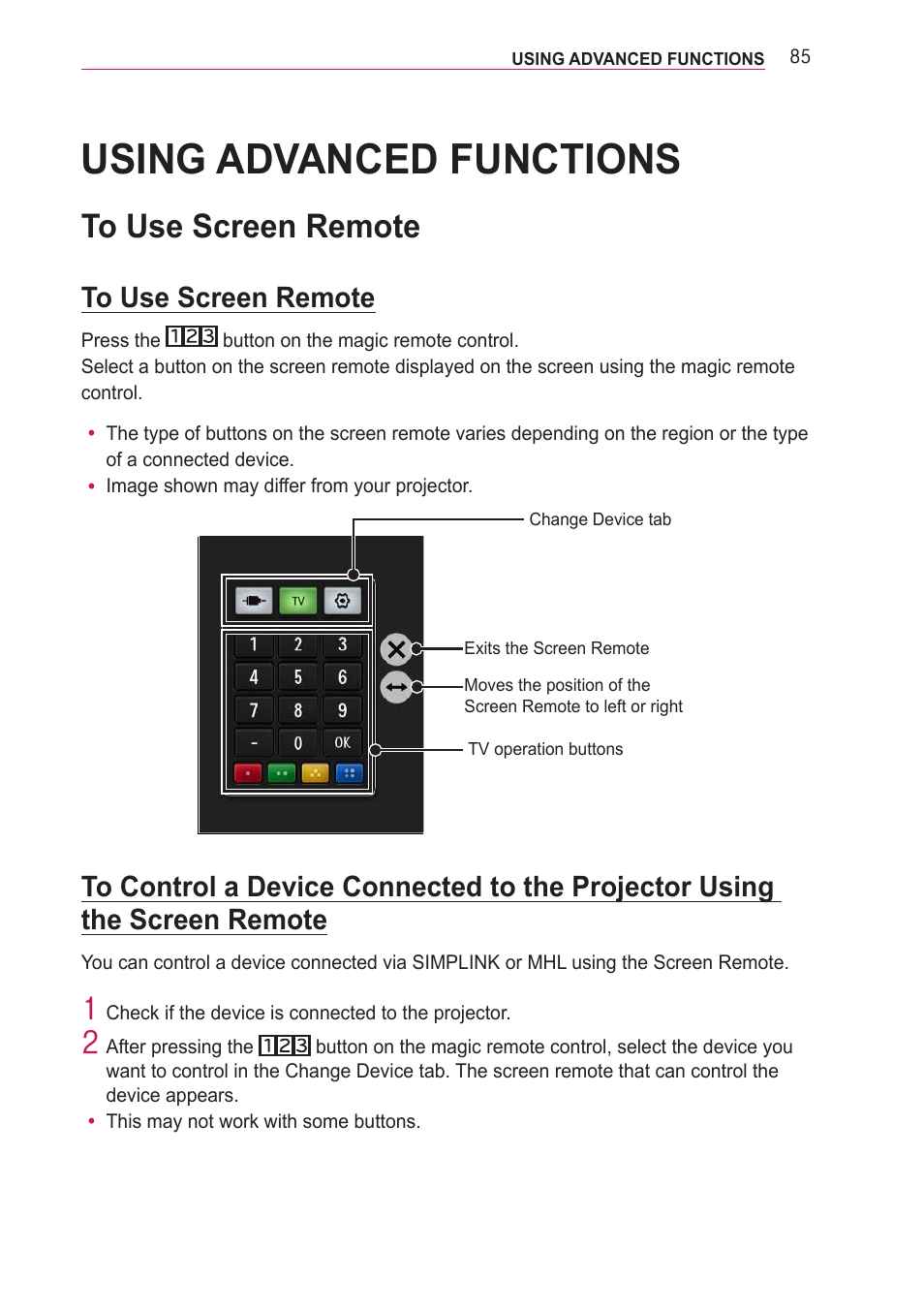 Using advanced functions, To use screen remote, Using advanced functions 85 | To control a device connected to the, Projector using the screen remote 85 | LG PA77U User Manual | Page 85 / 126