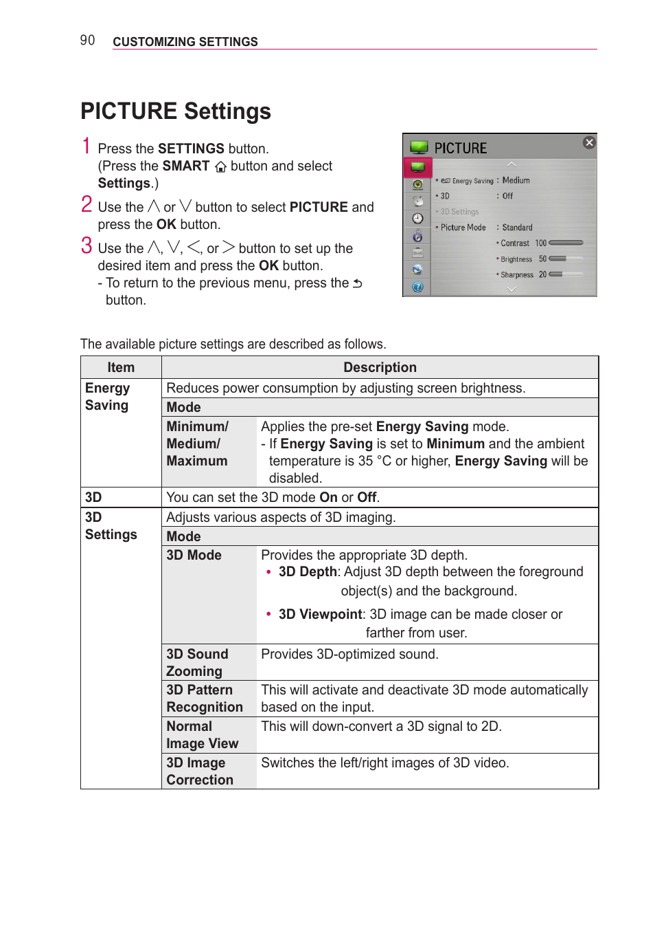 Picture settings | LG PA77U User Manual | Page 90 / 126