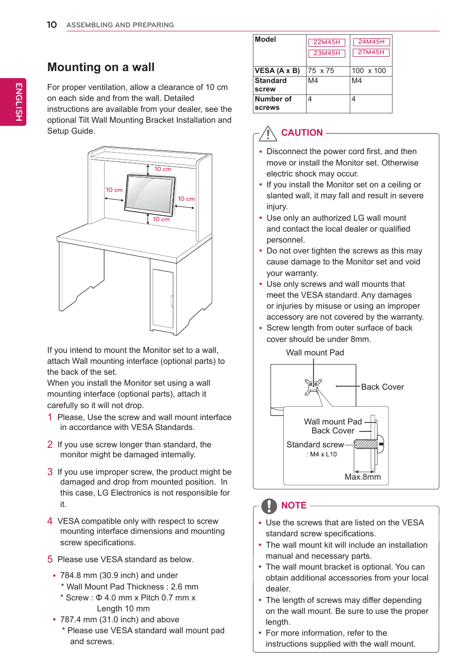 Mounting on a wall | LG 27M45H-B User Manual | Page 10 / 31