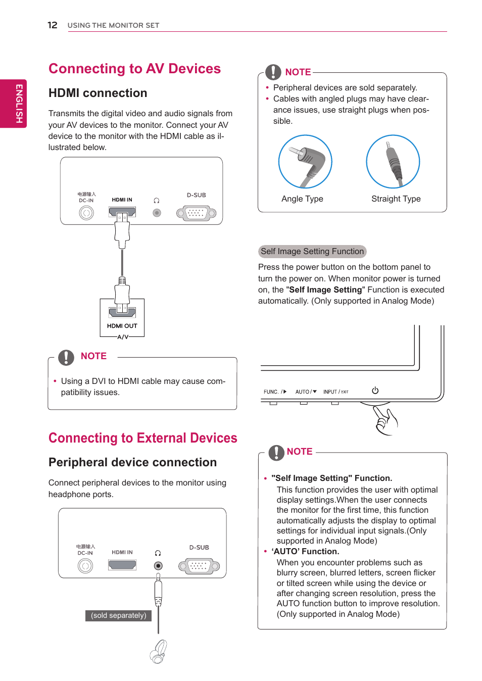 Connecting to av devices, Hdmi connection, Connecting to external devices | Peripheral device connection, 12 connecting to av devices 12, 12 connecting to external devices 12 | LG 27M45H-B User Manual | Page 12 / 31