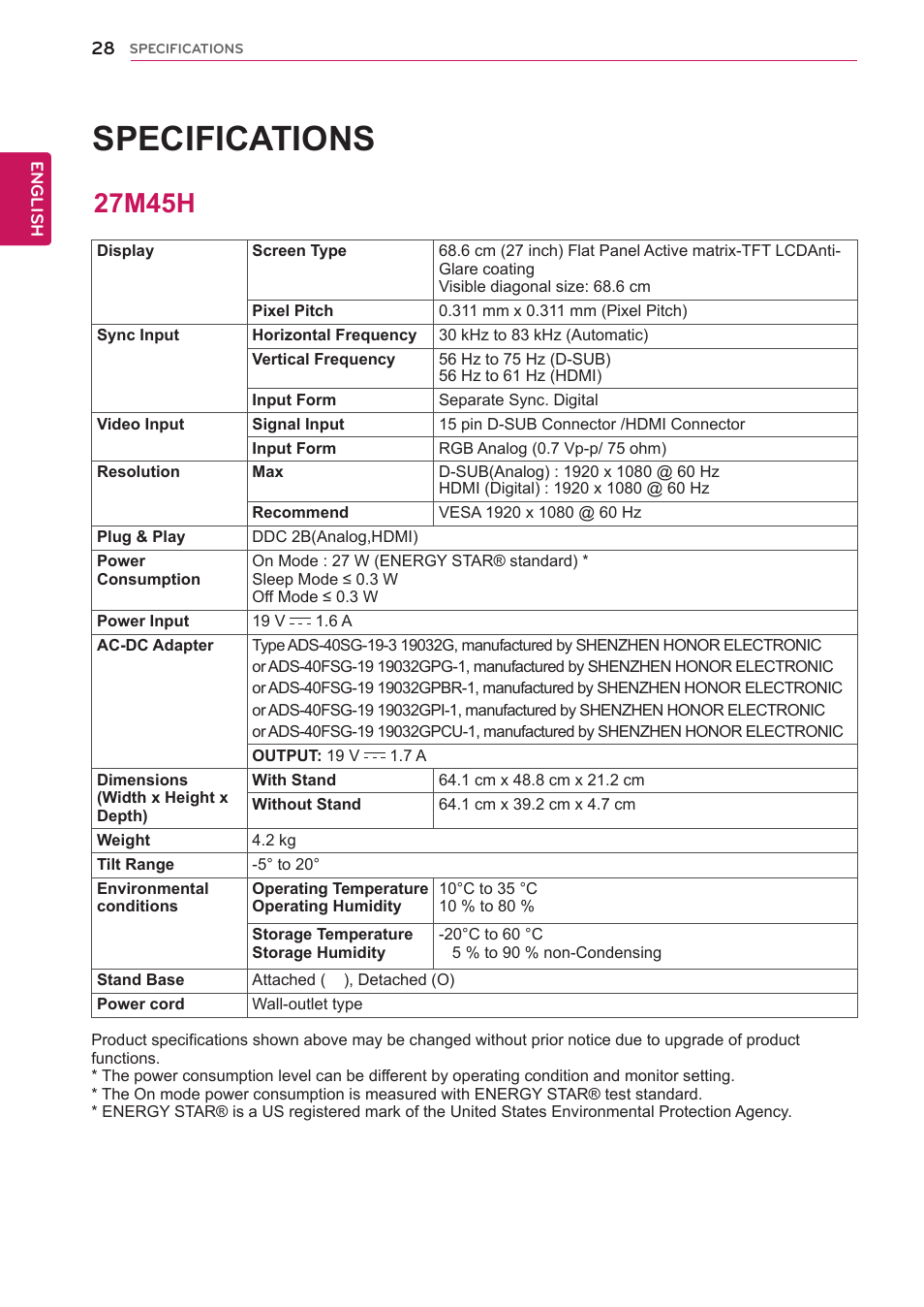 27m45h, 28 27m45h, Specifications | LG 27M45H-B User Manual | Page 28 / 31