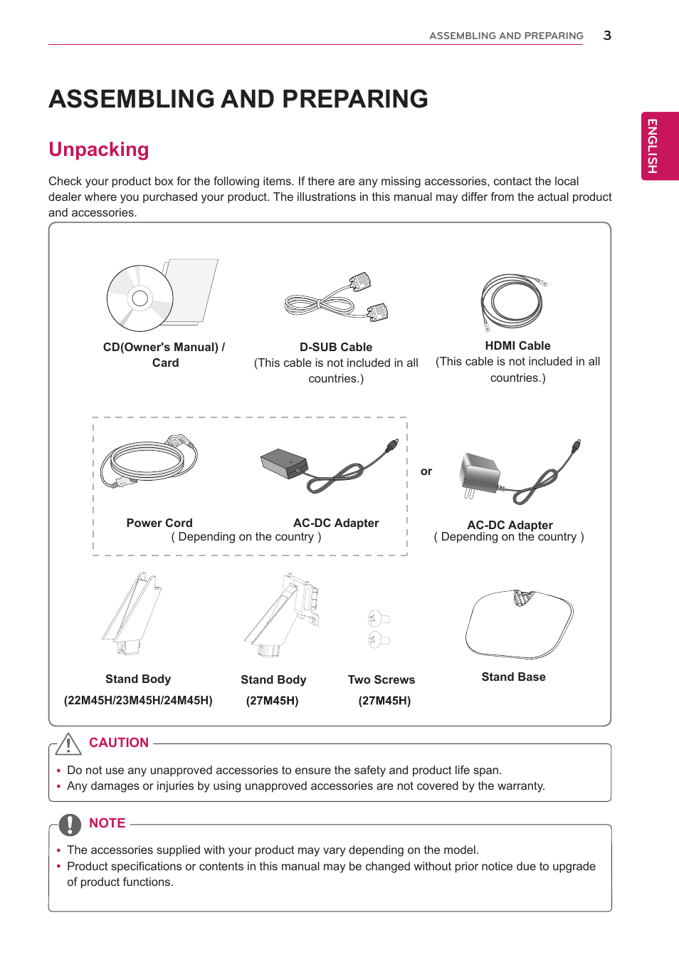 Assembling and preparing, Unpacking, Assembling and prepar | LG 27M45H-B User Manual | Page 3 / 31