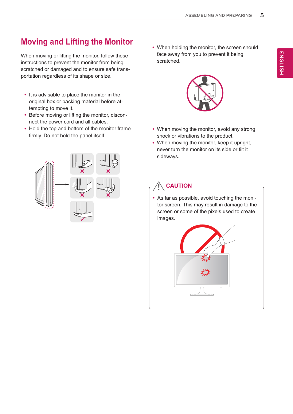 Moving and lifting the monitor | LG 27M45H-B User Manual | Page 5 / 31