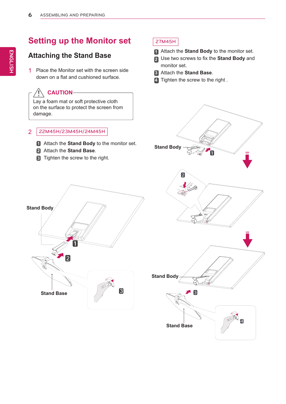 Setting up the monitor set, Attaching the stand base | LG 27M45H-B User Manual | Page 6 / 31