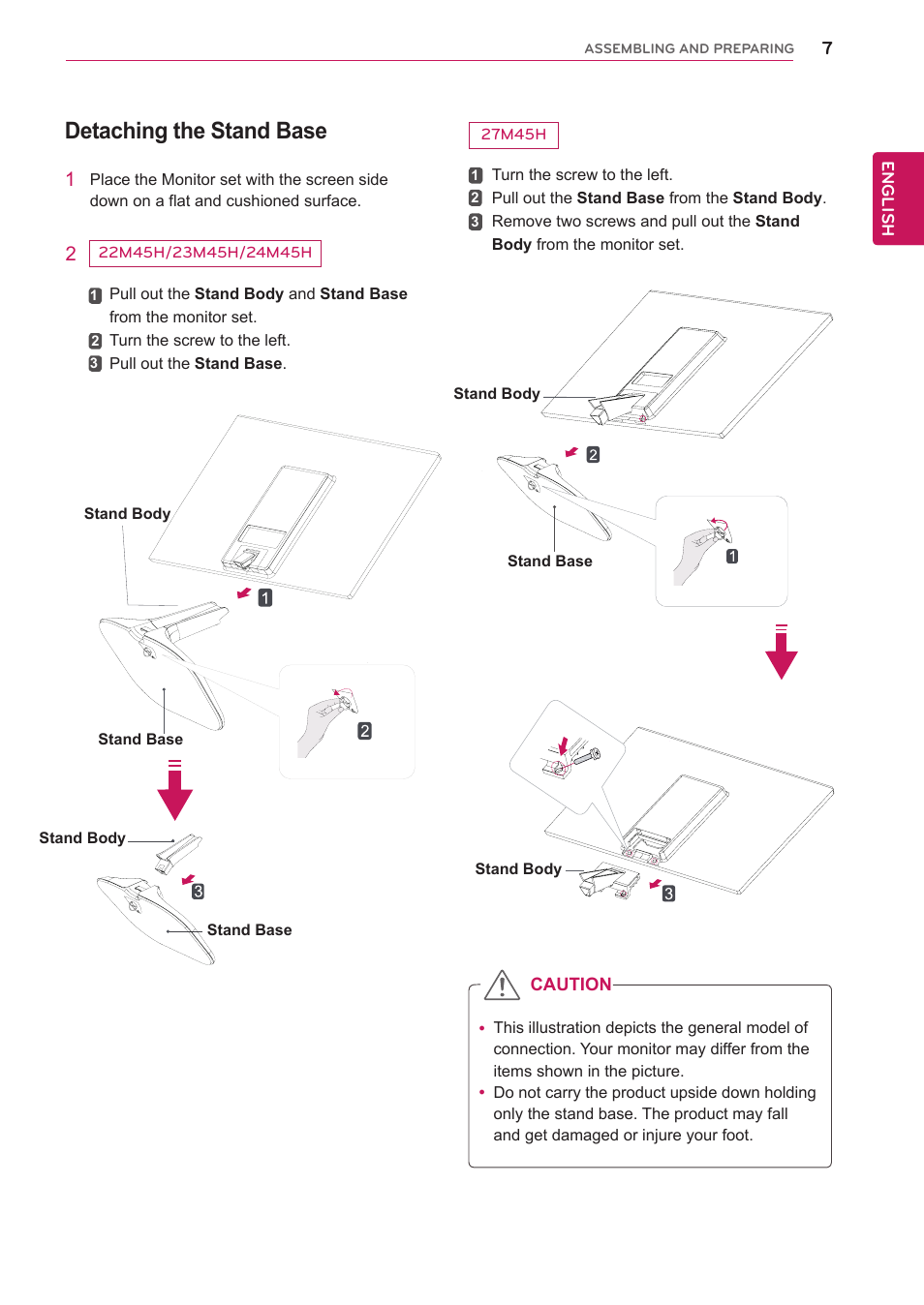 Detaching the stand base | LG 27M45H-B User Manual | Page 7 / 31