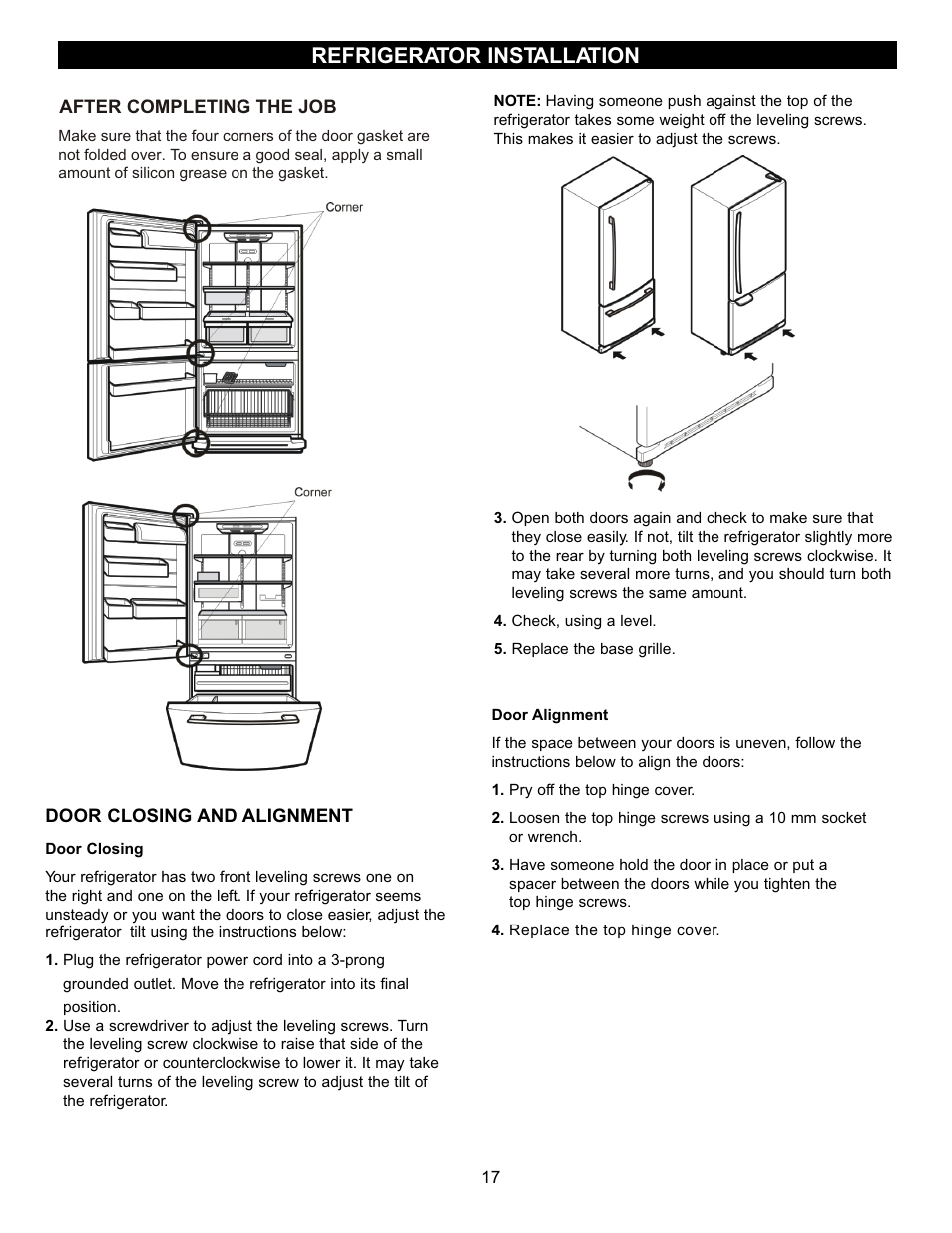 Refrigerator installation | LG LRDN22734WW User Manual | Page 17 / 36