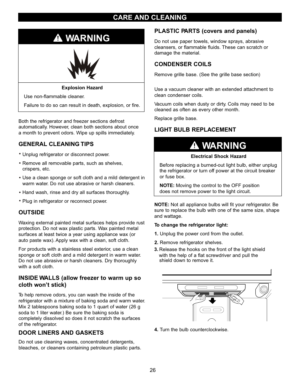 Warning, Care and cleaning | LG LRDN22734WW User Manual | Page 26 / 36